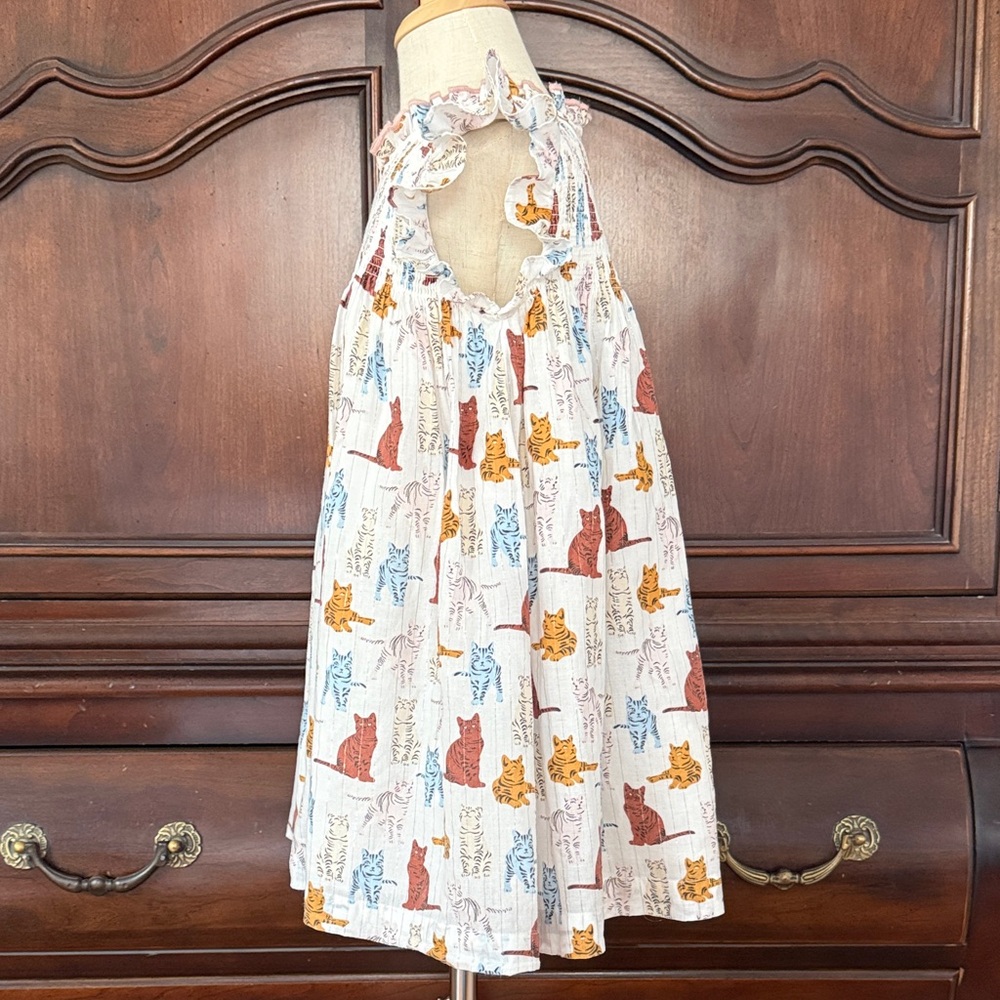 PINK CHICKEN Cat Print Dress Girls 4T Smocked Flutter Sleeve - Picture 7 of 9